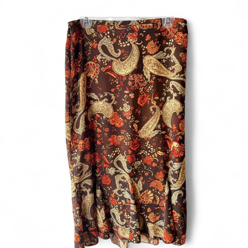 Vintage Dressbarn Midi Skirt 8 Paisley Flutter Hem Brown‎ Elastic Waistband